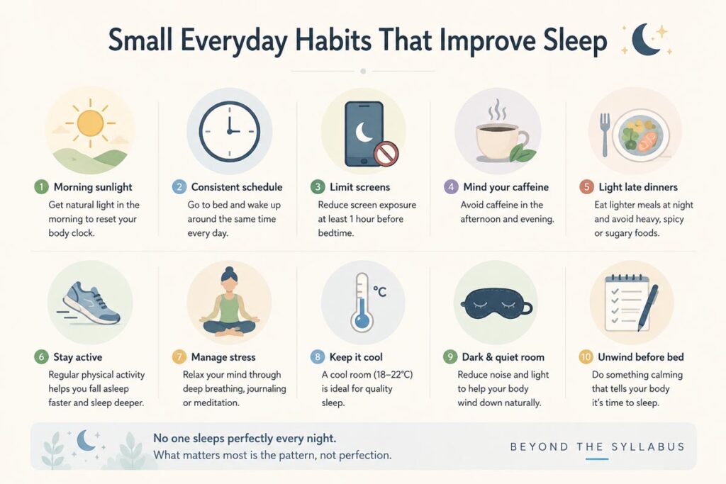 Infographic showing ten simple healthy sleep habits for better sleep, including morning sunlight, regular sleep timing, less screen time, exercise, limiting caffeine, and maintaining a cool, dark, quiet bedroom.