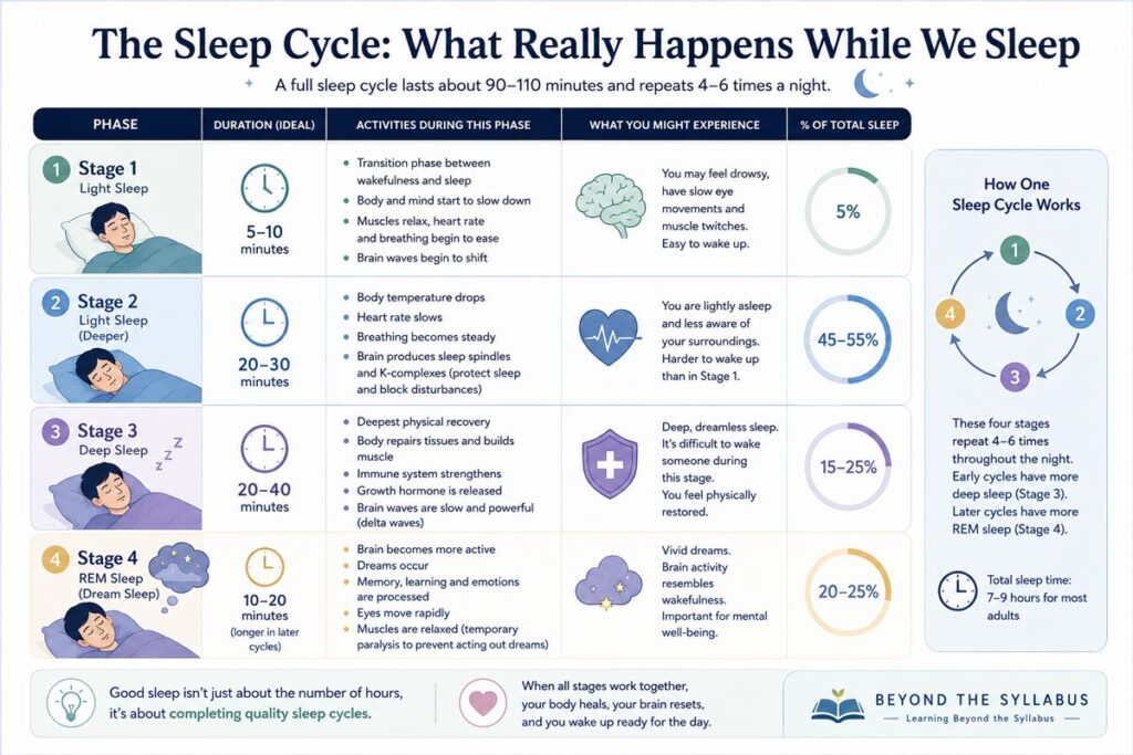 Infographic illustrating the stages of the sleep cycle, including light sleep, deep sleep, REM sleep, their duration, brain and body activities, and the repeating 90–110 minute sleep cycle with Beyond the Syllabus branding.