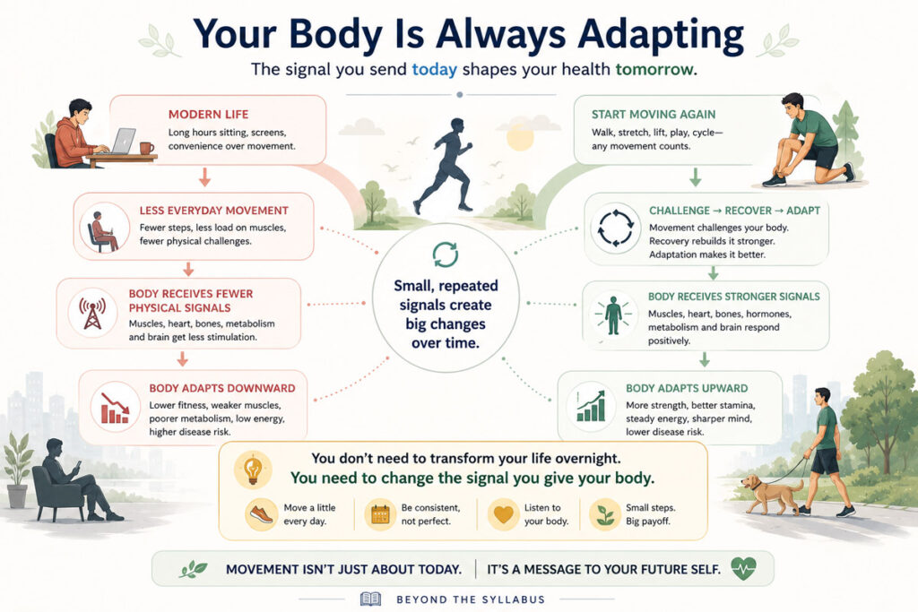 Infographic showing how repeated movement, recovery and adaptation shape the body over time