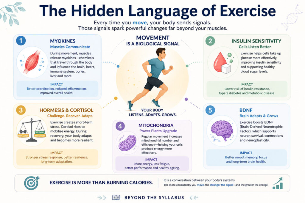 Infographic showing how exercise affects myokines, insulin sensitivity, hormesis, mitochondria and BDNF