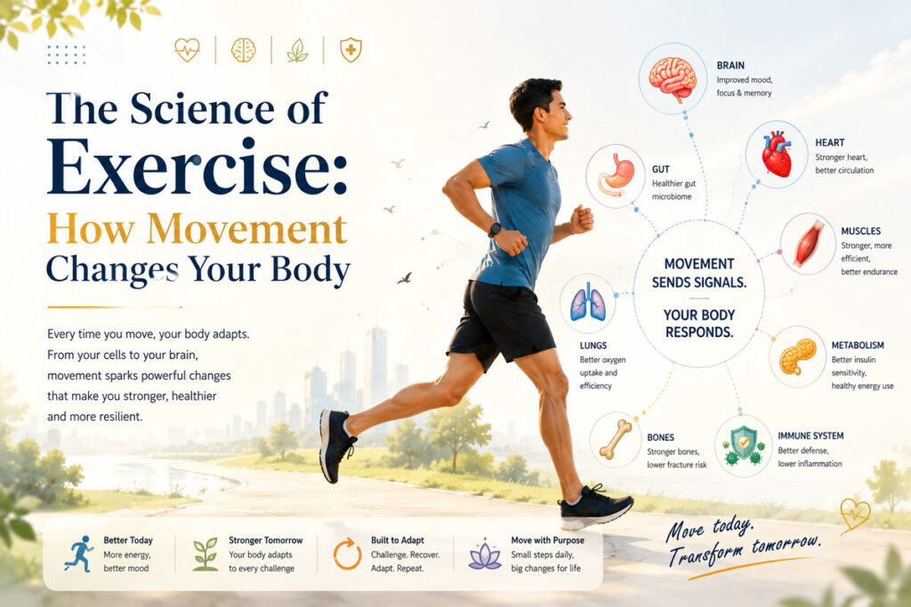Illustration showing walking, running and playing as movement signals that affect the human body