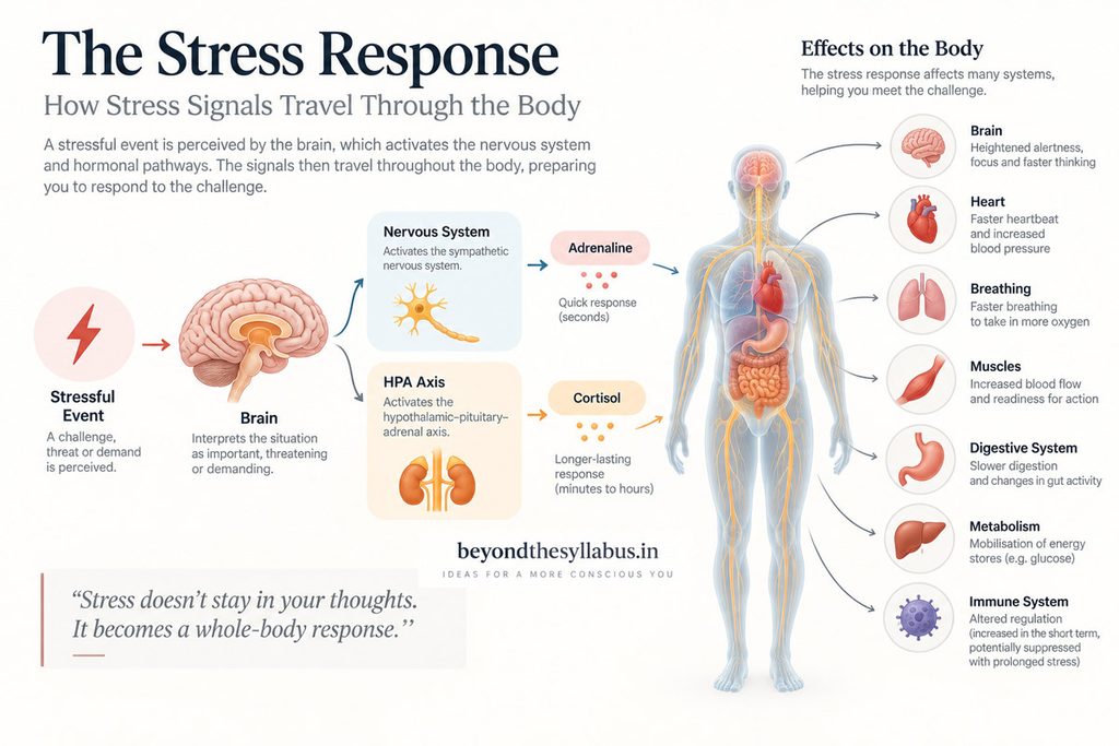 Diagram showing how the stress response travels from the brain through hormones and nerves to affect the heart, muscles, metabolism and gut