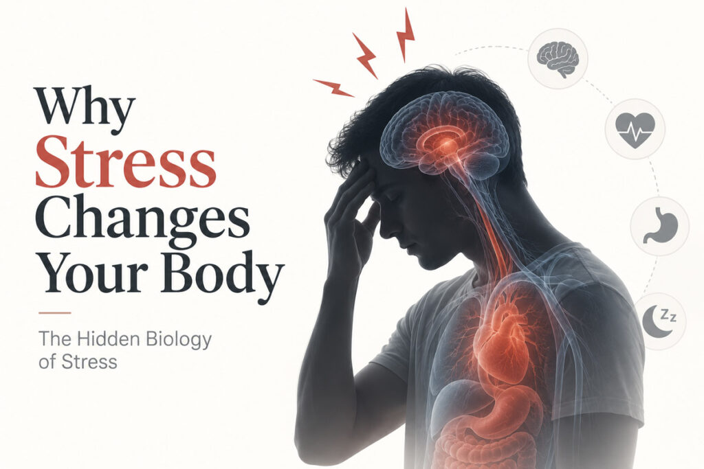 Illustration showing how the stress response affects the brain, heart, and digestive system