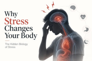 Illustration showing how the stress response affects the brain, heart, and digestive system